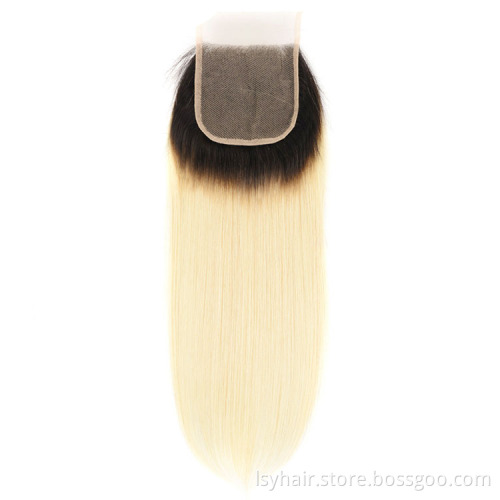 Lsy Wholesale Hair Weave  Pre Colored  613 Blonde Dark Black Root Human Hair Peruvian Straight Wave With Closure